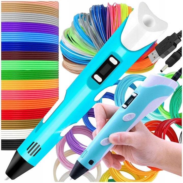 Creion 3D cu filament, bleu alb, 1.75 mm, 20 culori, 310 m, compatibil PLA ABS, ecran LCD, temperatura reglabila, motor metalic, duza ceramica [7]