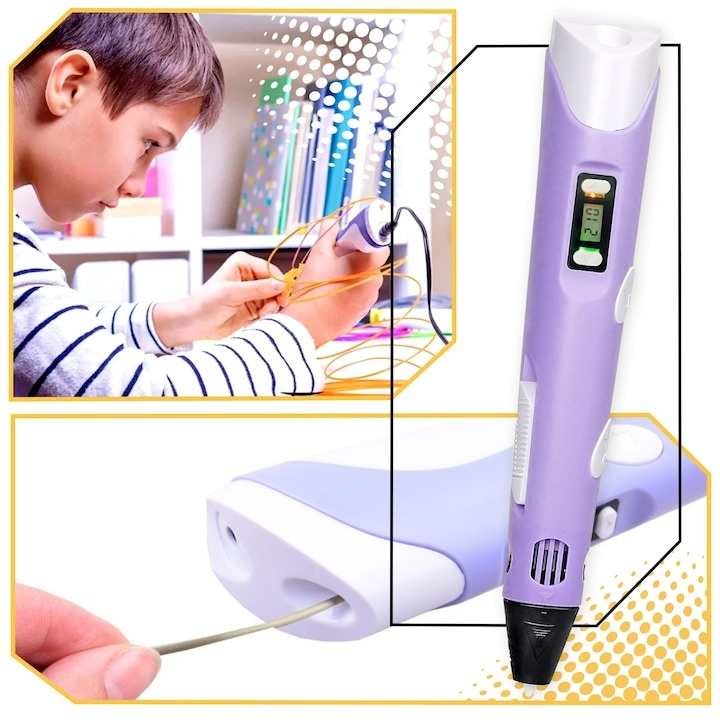 Creion 3D cu filament, mov deschis, 1.75 mm, 20 culori, 110 m, compatibil PLA ABS, ecran LCD, temperatura reglabila, motor metalic, duza ceramica [4]