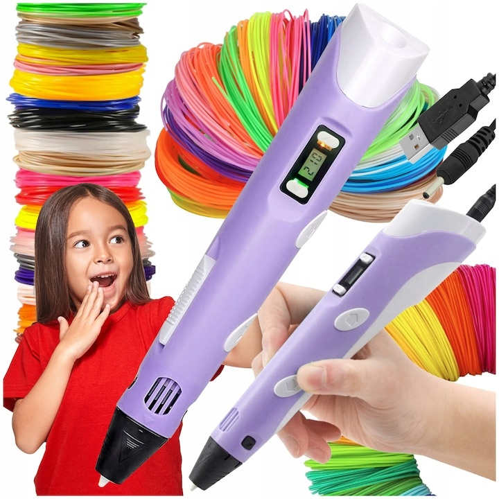 Creion 3D cu filament, mov deschis, 1.75 mm, 20 culori, 110 m, compatibil PLA ABS, ecran LCD, temperatura reglabila, motor metalic, duza ceramica [2]