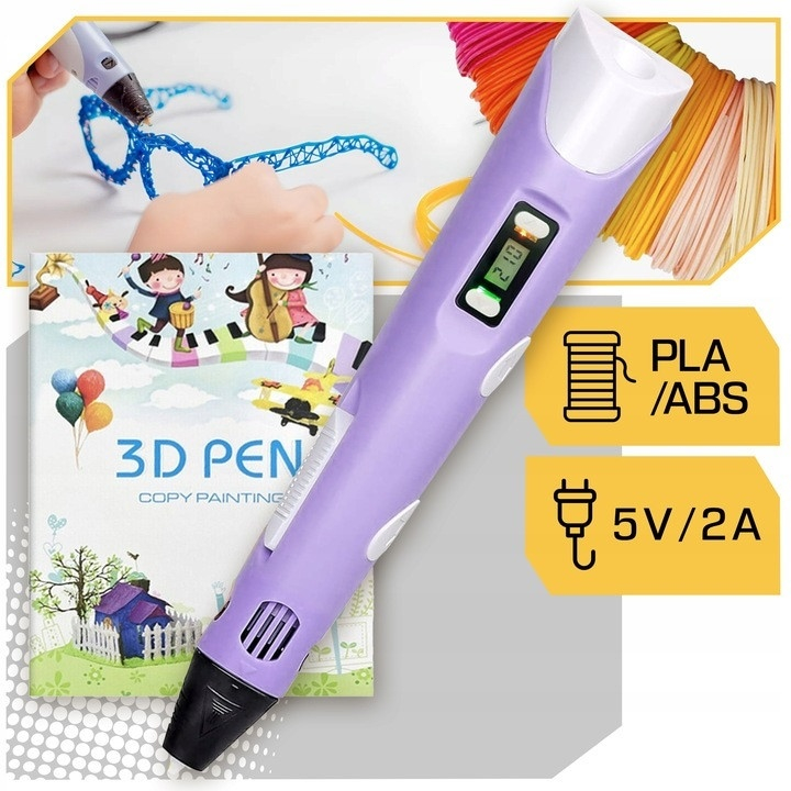 Creion 3D cu filament, violet alb, set complet 1.75 mm, 20 culori, 110 m, suport silicon, sabloane, degetare, ecran LCD, temperatura reglabila, duza ceramica [9]