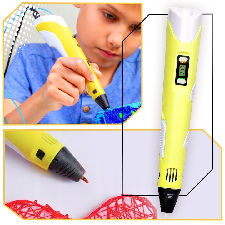 Creion 3D galben alb cu filament 1.75 mm, 20 culori incluse 110 m, compatibil PLA si ABS, ecran LCD, temperatura reglabila 60-230°C, motor metalic, duza ceramica, alimentare USB [4]