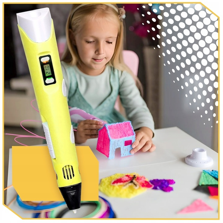 Creion 3D galben alb cu filament 1.75 mm, 20 culori incluse 110 m, compatibil PLA si ABS, ecran LCD, temperatura reglabila 60-230°C, motor metalic, duza ceramica, alimentare USB [5]