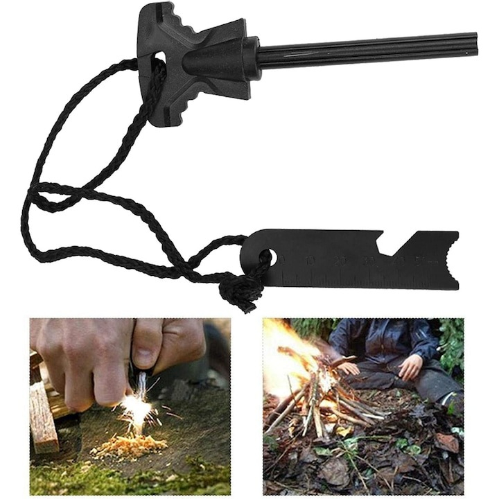 Cremene multifunctional 6in1, camping, supravietuire, deschizator de sticle, cheie hexagonala, rigla, lungime 10 cm - Negru [6]