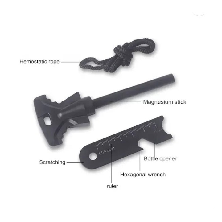 Cremene multifunctional 6in1, camping, supravietuire, deschizator de sticle, cheie hexagonala, rigla, lungime 10 cm - Negru [3]
