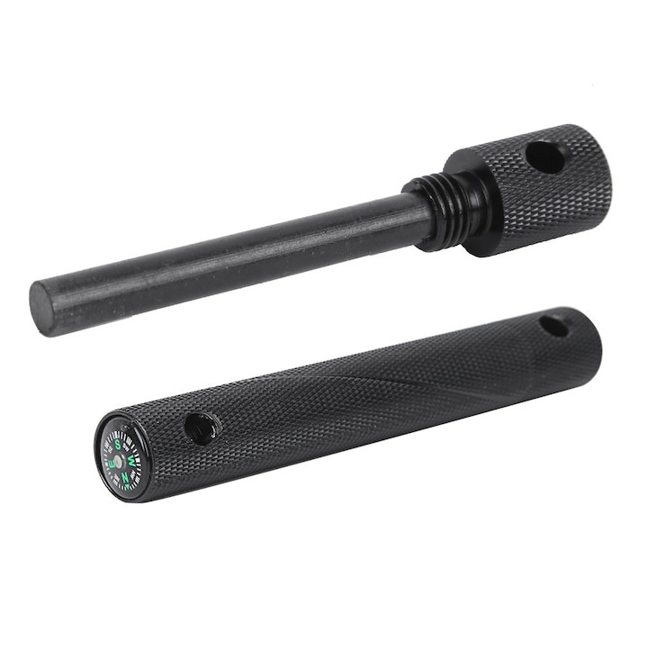 Kit multifunctional pentru aprinderea focului, supravietuire, camping, drumetii, rigla, busola, desfacator sticle, carcasa aluminiu, lant 40 cm, negru [9]