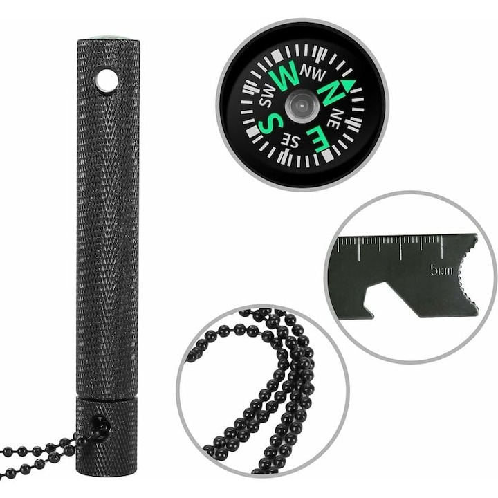 Kit multifunctional pentru aprinderea focului, supravietuire, camping, drumetii, rigla, busola, desfacator sticle, carcasa aluminiu, lant 40 cm, negru [4]