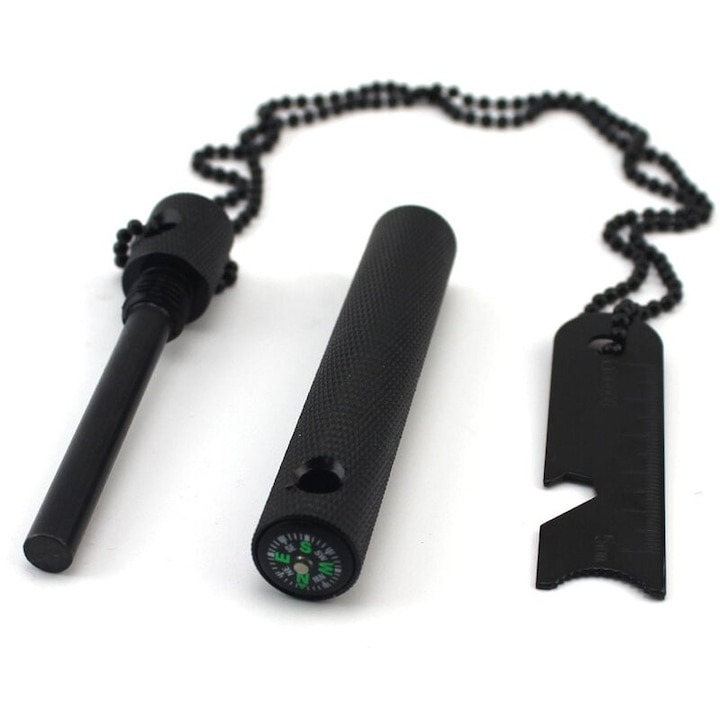 Kit multifunctional pentru aprinderea focului, supravietuire, camping, drumetii, rigla, busola, desfacator sticle, carcasa aluminiu, lant 40 cm, negru [5]