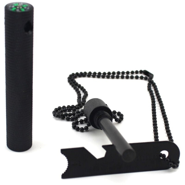 Kit multifunctional pentru aprinderea focului, supravietuire, camping, drumetii, rigla, busola, desfacator sticle, carcasa aluminiu, lant 40 cm, negru [6]