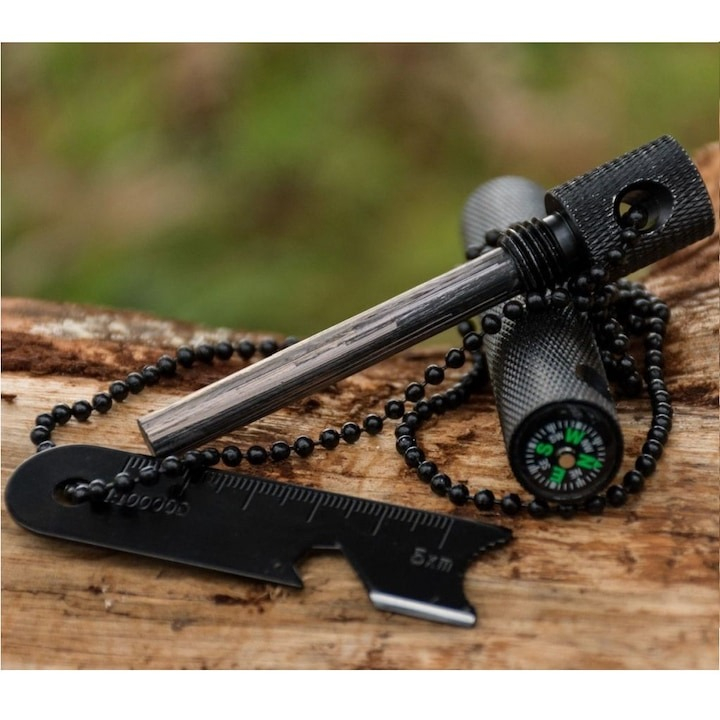 Kit multifunctional pentru aprinderea focului, supravietuire, camping, drumetii, rigla, busola, desfacator sticle, carcasa aluminiu, lant 40 cm, negru [3]