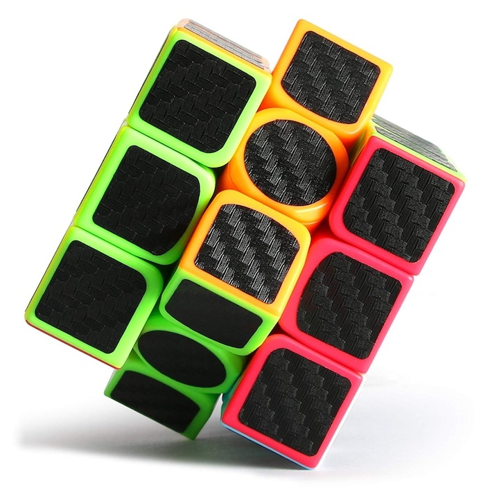 Cub de indemanare 3x3, 5.5 x 5.5 cm, Speed Cube cu stickere aspect fibra de carbon, joc de logica, ABS, multicolor, +6 ani [2]