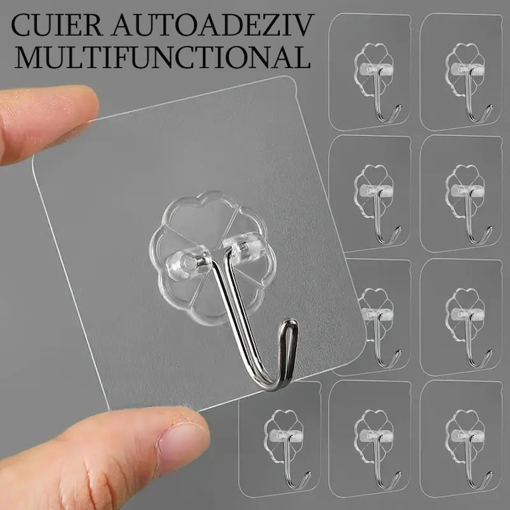 Cuie­re adezive multifunctionale, suport cu carlig rotativ 180°, otel inoxidabil si PVC, lipire pe diverse suprafete, adeziv puternic, impermeabile, 5.5x5.5 cm, transparente [2]