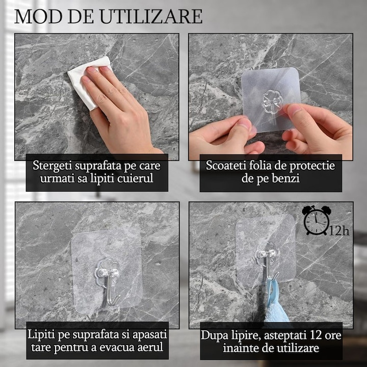 Cuie­re adezive multifunctionale, suport cu carlig rotativ 180°, otel inoxidabil si PVC, lipire pe diverse suprafete, adeziv puternic, impermeabile, 5.5x5.5 cm, transparente [7]