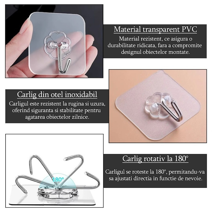 Cuie­re adezive multifunctionale, suport cu carlig rotativ 180°, otel inoxidabil si PVC, lipire pe diverse suprafete, adeziv puternic, impermeabile, 5.5x5.5 cm, transparente [5]