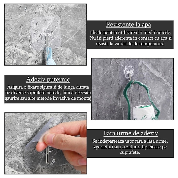 Cuie­re adezive multifunctionale, suport cu carlig rotativ 180°, otel inoxidabil si PVC, lipire pe diverse suprafete, adeziv puternic, impermeabile, 5.5x5.5 cm, transparente [6]