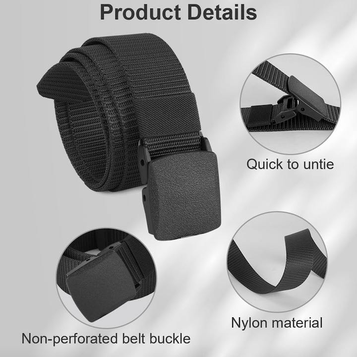 Curea barbati din nylon ajustabila, design fara gauri, catarama din plastic rezistent, 120 cm, negru inchis – eleganta discreta, confort si durabilitate [4]