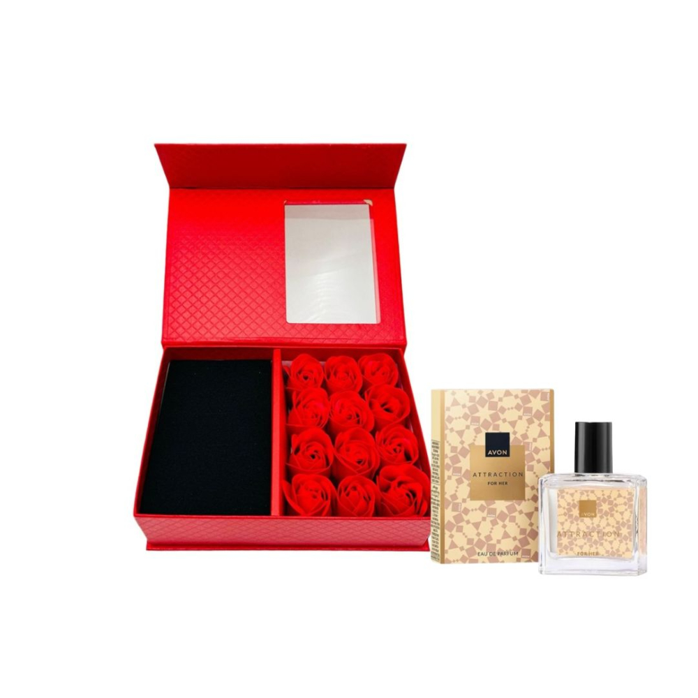 Cutie cadou Love Forever cu 12 trandafiri de sapun si apa de parfum Avon Attraction pentru femei 30 ml, cadou elegant si rafinat [9]