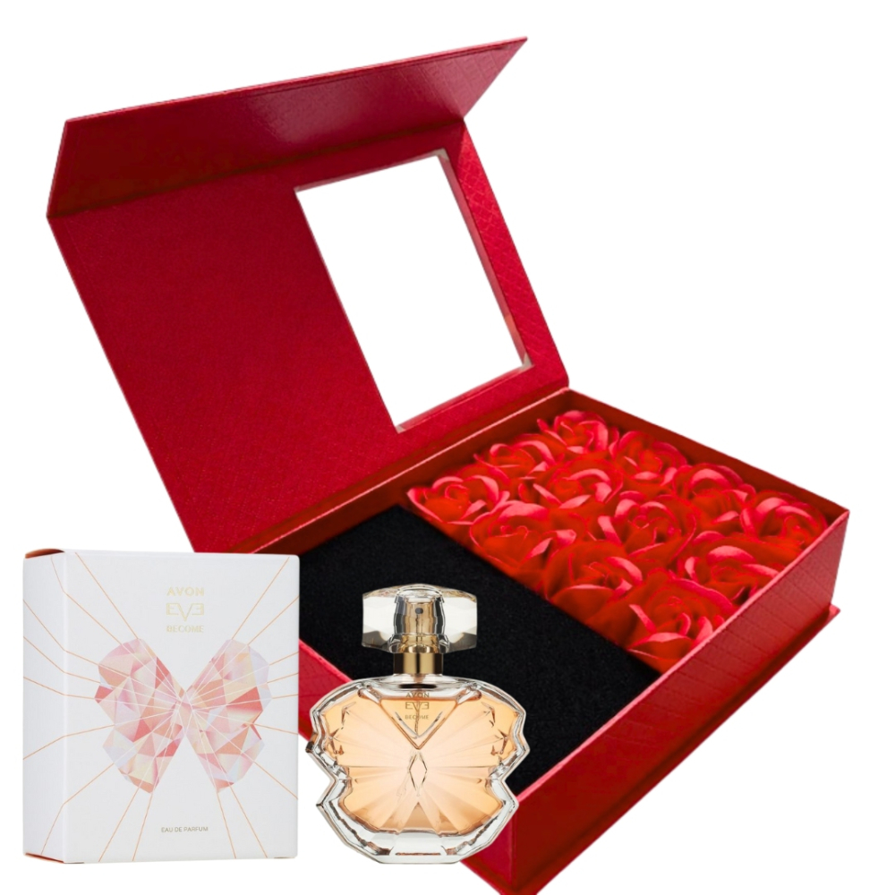 Cutie cadou Love Forever cu 12 trandafiri de sapun si apa de parfum Avon Eve Become pentru femei 50 ml, cadou elegant si rafinat [9]