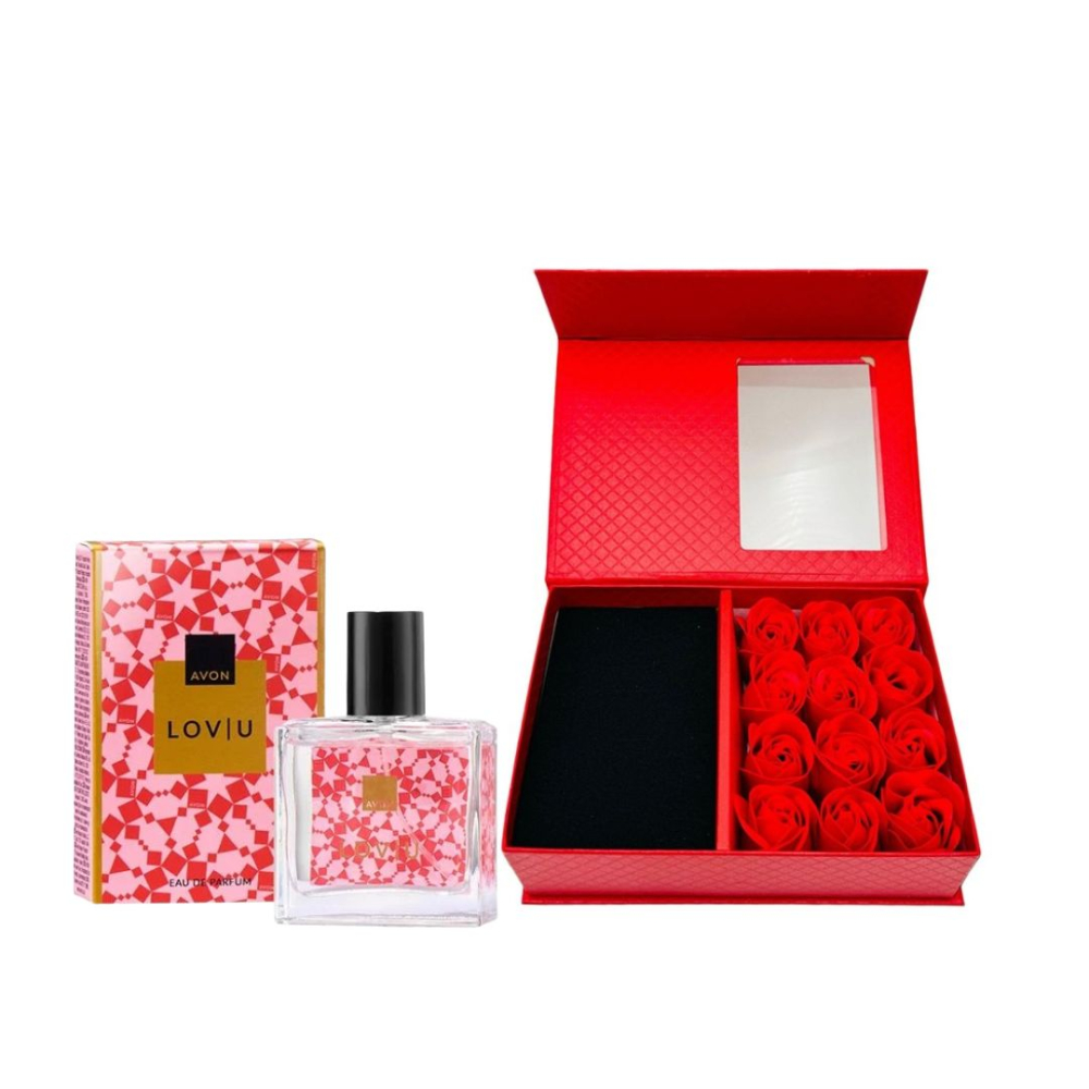 Cutie cadou Love Forever cu 12 trandafiri de sapun si apa de parfum Avon Lov u pentru femei 30 ml, cadou elegant si rafinat [8]