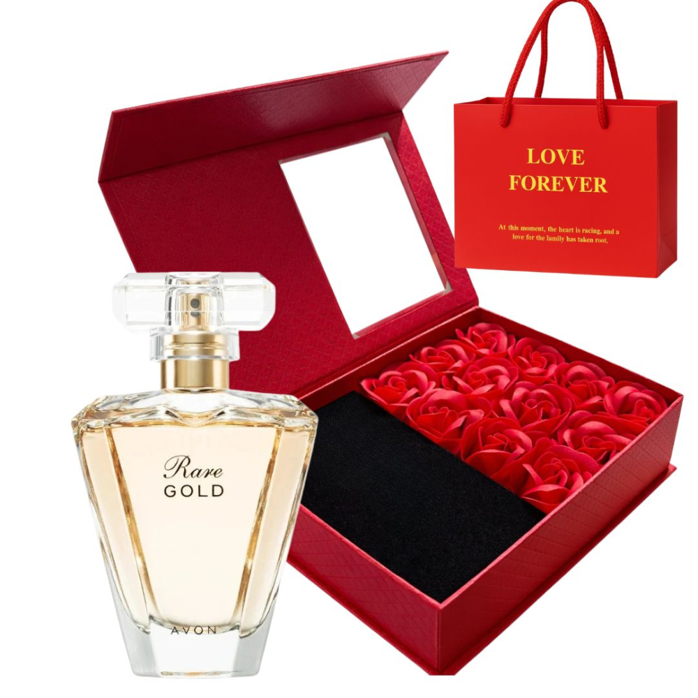 Cutie cadou Love Forever cu 12 trandafiri de sapun si apa de parfum Avon Rare Gold pentru femei 50 ml, parfum floral-oriental ambrat, cadou elegant si rafinat [2]