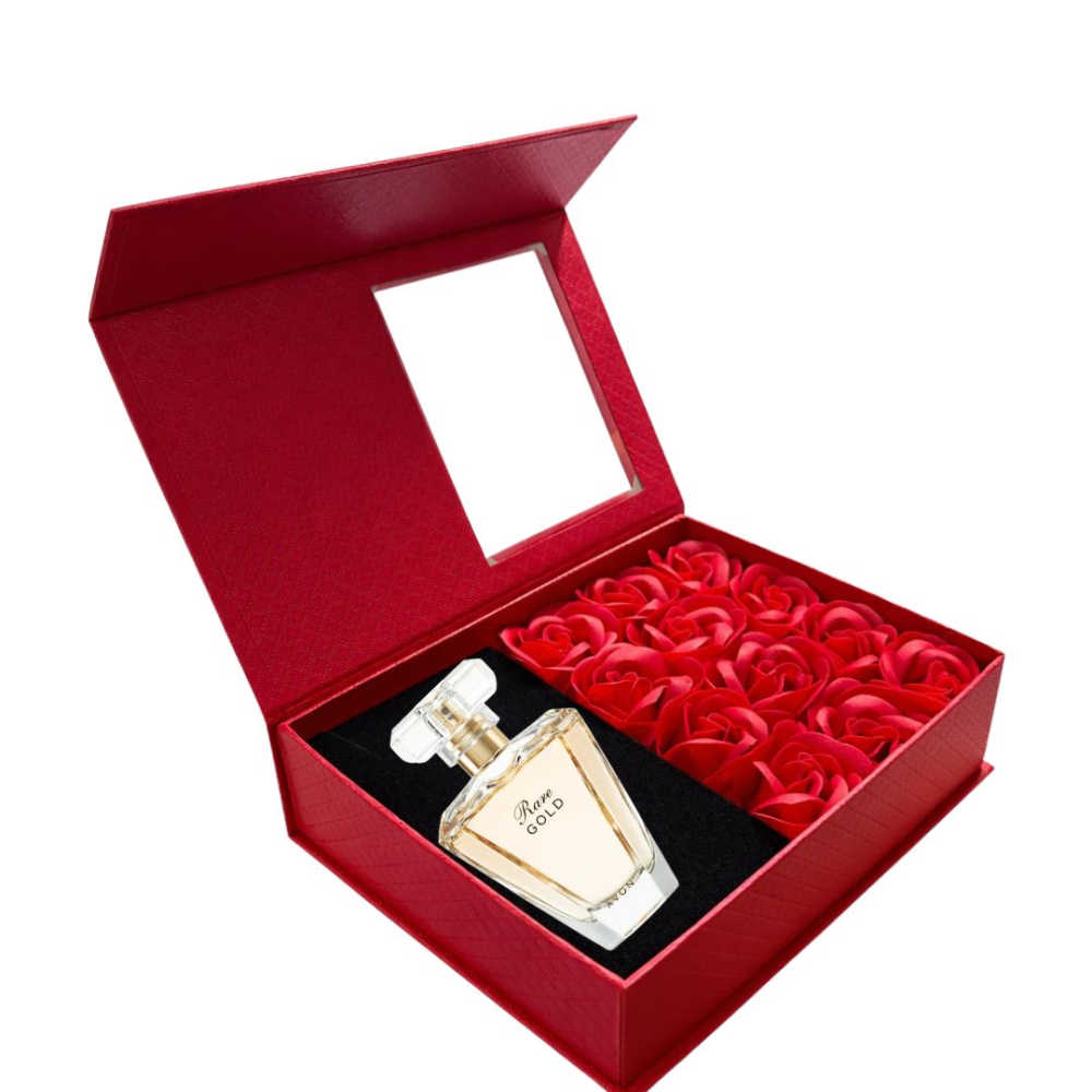 Cutie cadou Love Forever cu 12 trandafiri de sapun si apa de parfum Avon Rare Gold pentru femei 50 ml, parfum floral-oriental ambrat, cadou elegant si rafinat [11]