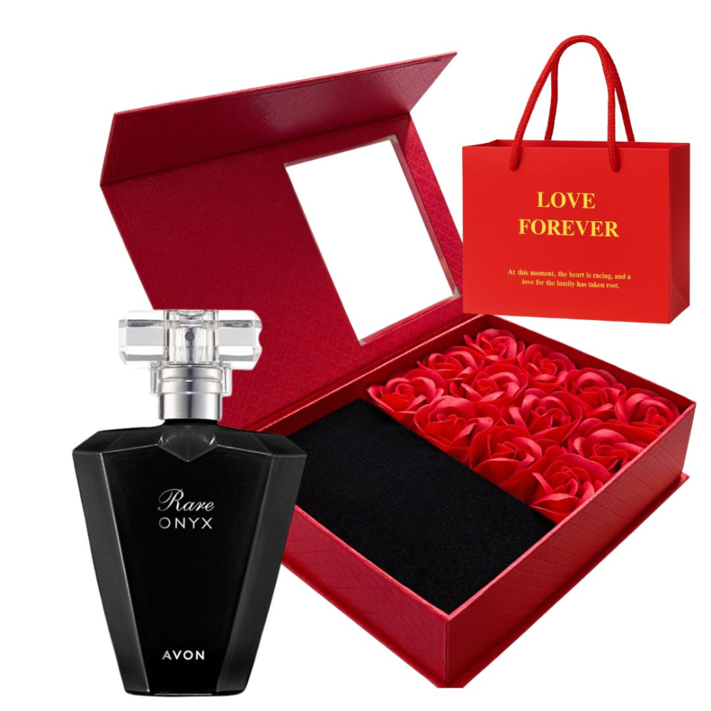 Cutie cadou Love Forever cu 12 trandafiri de sapun si apa de parfum Avon Rare Onyx pentru femei 50 ml, parfum floral-oriental ambrat, cadou elegant si rafinat [2]