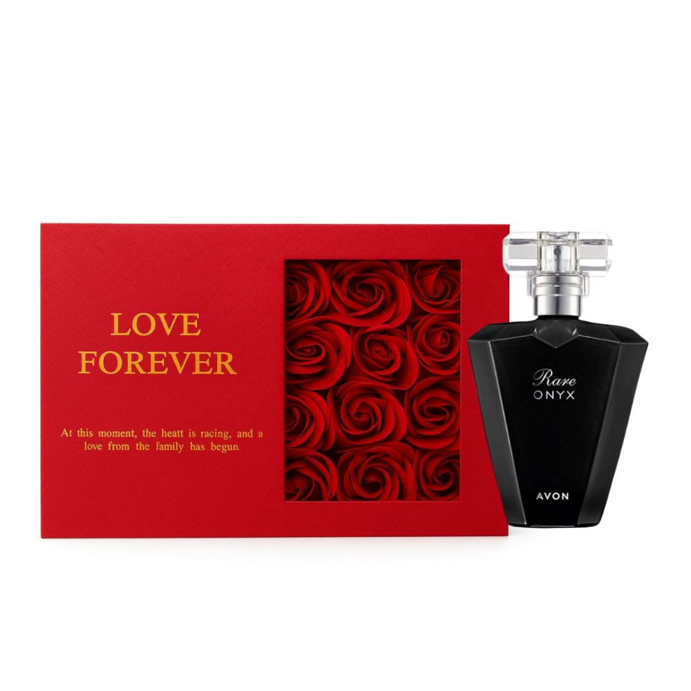 Cutie cadou Love Forever cu 12 trandafiri de sapun si apa de parfum Avon Rare Onyx pentru femei 50 ml, parfum floral-oriental ambrat, cadou elegant si rafinat [3]