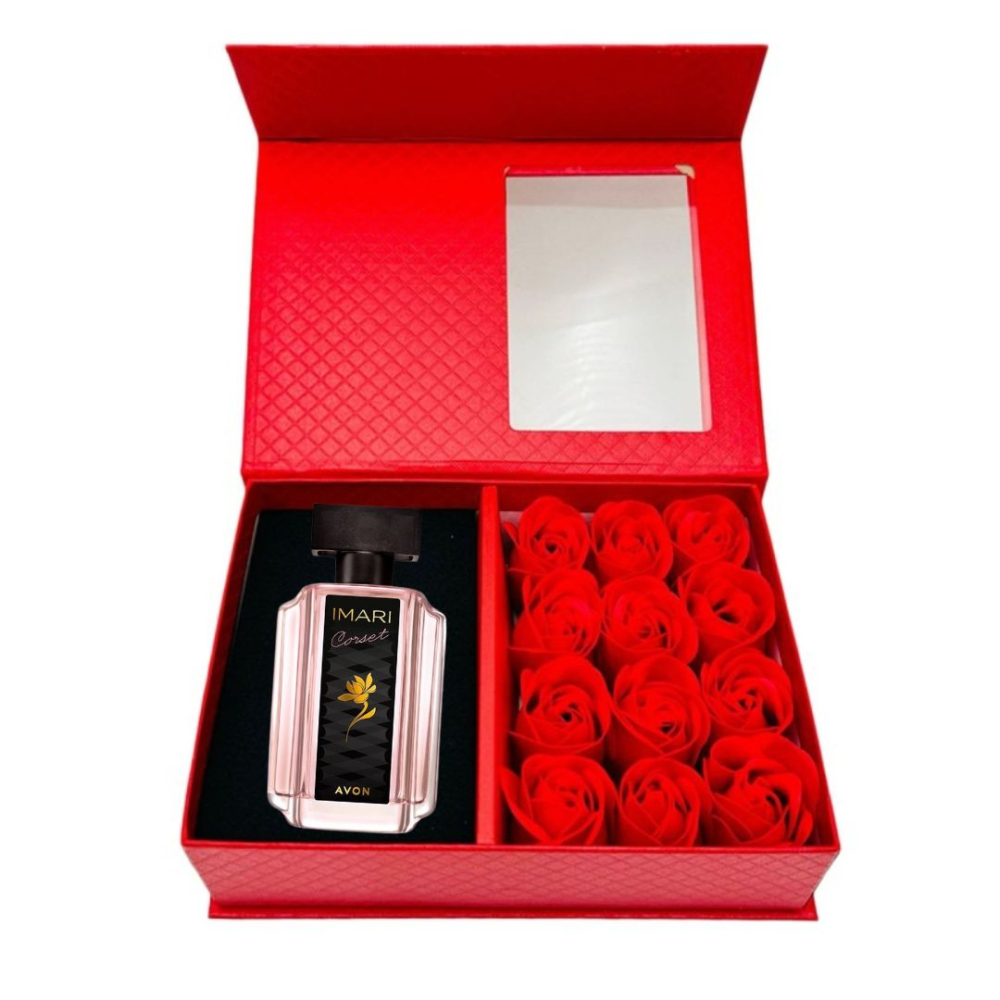 Cutie cadou Love Forever cu 12 trandafiri de sapun si apa de toaleta Avon Imari Corset pentru femei 50 ml, cadou elegant si rafinat [9]