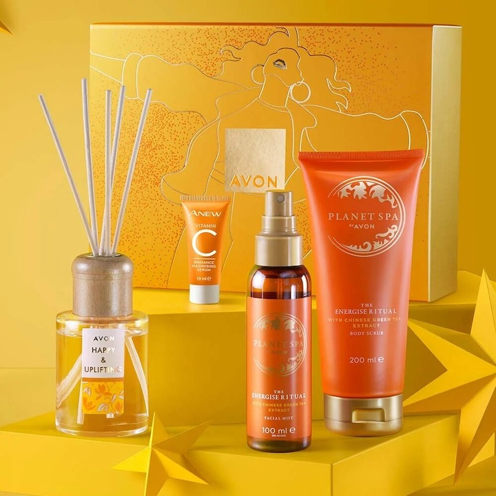 Cutie cadou Ultimate Joy Pack 4 produse - Spray pentru fata Planet Spa Energise 100 ml, Exfoliant de corp Planet Spa Energise 200 ml, Anew Vitamina C Maximising Serum 10 ml si Difuzor cu betisoare 70 ml, Avon [2]