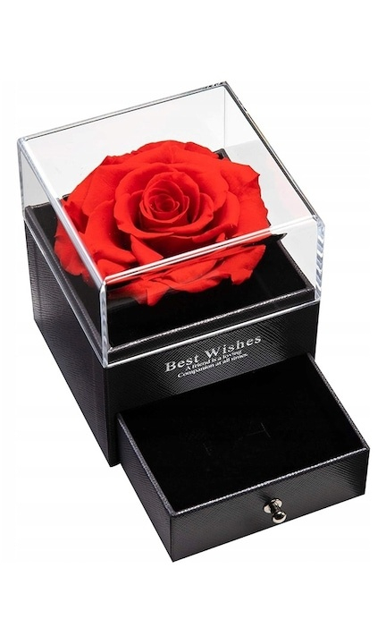 Cutie de bijuterii cu trandafir criogenat, 1 sertar, punga de cadou si felicitare, 11 x 9 x 9 cm, neagra – eleganta si emotie intr-un singur cadou [8]