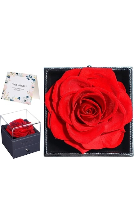 Cutie de bijuterii cu trandafir criogenat, 1 sertar, punga de cadou si felicitare, 11 x 9 x 9 cm, neagra – eleganta si emotie intr-un singur cadou [6]