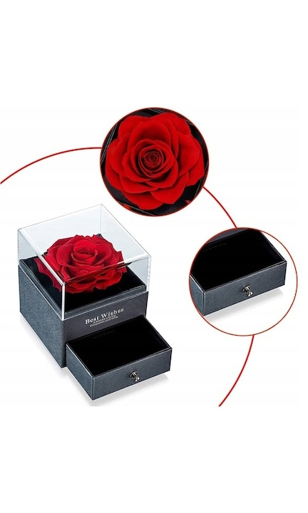 Cutie de bijuterii cu trandafir criogenat, 1 sertar, punga de cadou si felicitare, 11 x 9 x 9 cm, neagra – eleganta si emotie intr-un singur cadou [7]