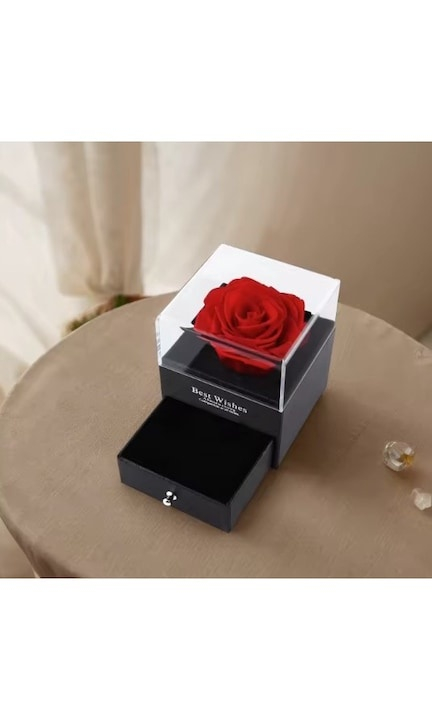 Cutie de bijuterii cu trandafir criogenat, 1 sertar, punga de cadou si felicitare, 11 x 9 x 9 cm, neagra – eleganta si emotie intr-un singur cadou [11]
