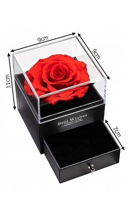 Cutie de bijuterii cu trandafir criogenat, 1 sertar, punga de cadou si felicitare, 11 x 9 x 9 cm, neagra – eleganta si emotie intr-un singur cadou [3]