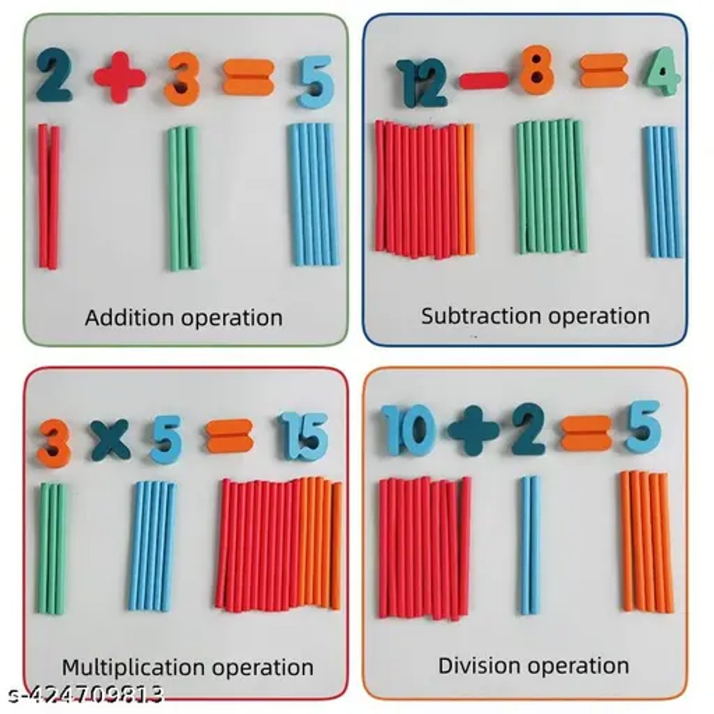 Cutie de invatare pentru copii, cifre, adunare, scadere, betisoare si forme geometrice, din lemn - Multicolor [4]