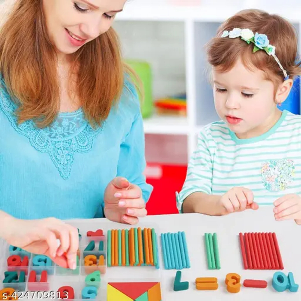 Cutie de invatare pentru copii, cifre, adunare, scadere, betisoare si forme geometrice, din lemn - Multicolor [5]