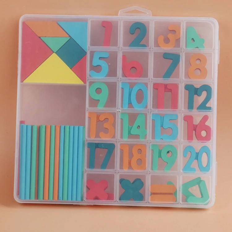 Cutie de invatare pentru copii, cifre, adunare, scadere, betisoare si forme geometrice, din lemn - Multicolor [7]