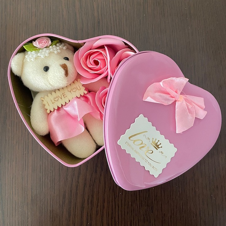Cutie in forma de inima cu ursulet si trandafir roz, Valentine's Day, 12 cm [2]