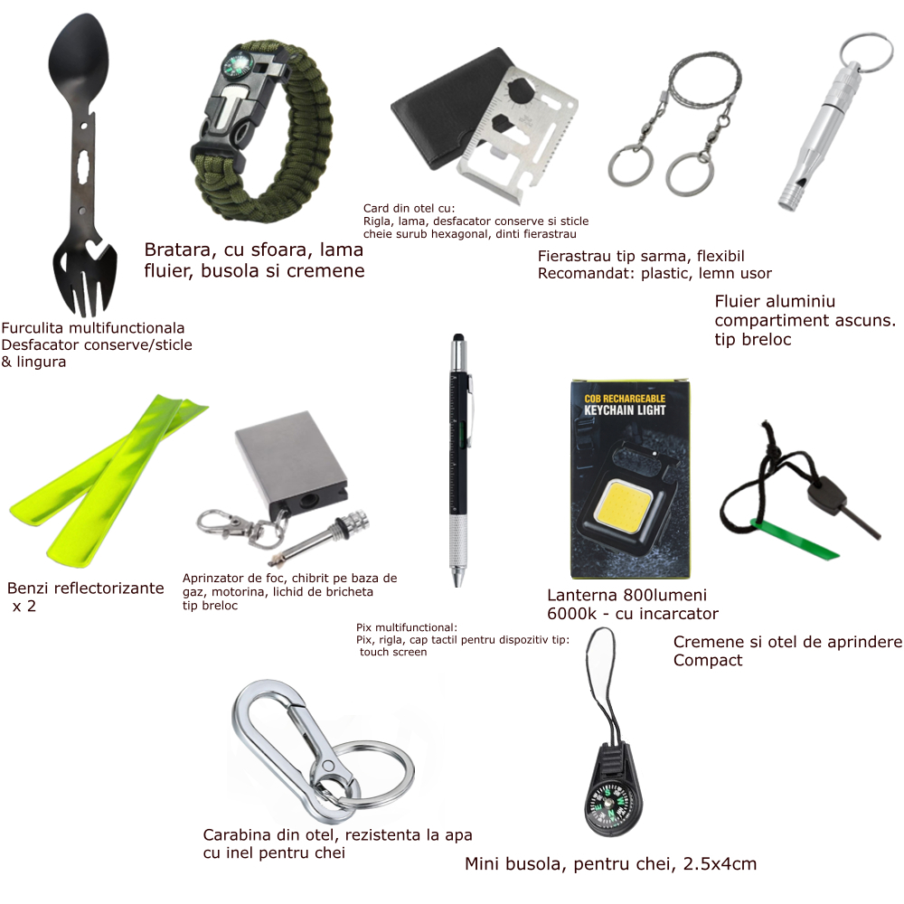 Cutie supravietuire outdoor Marime M 14 accesorii multifunctionale IP54 negru cutie etansa rezistenta camping urgente [2]