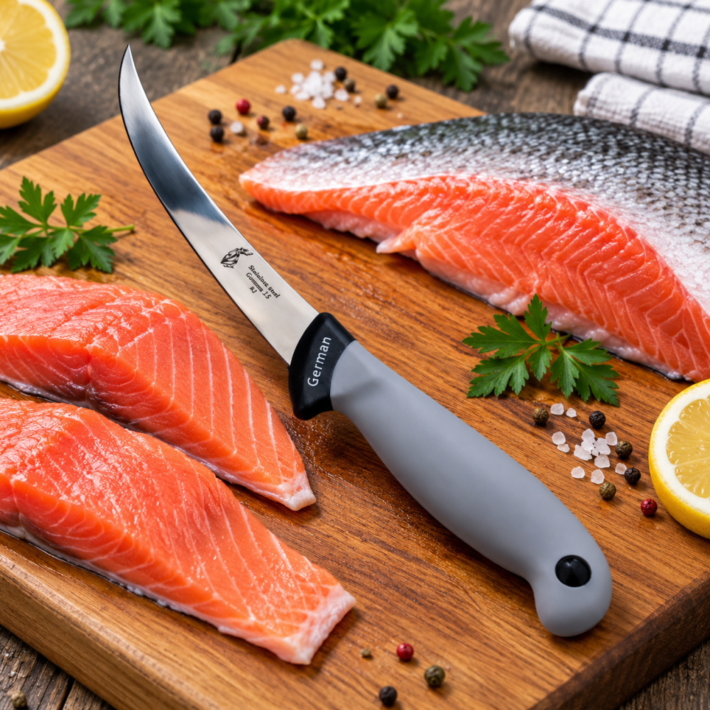 Cutit filetat gri 29 cm, lama curbata 15 cm, 100 g, otel inoxidabil, maner ergonomic, pentru peste, carne si taiere de precizie [2]