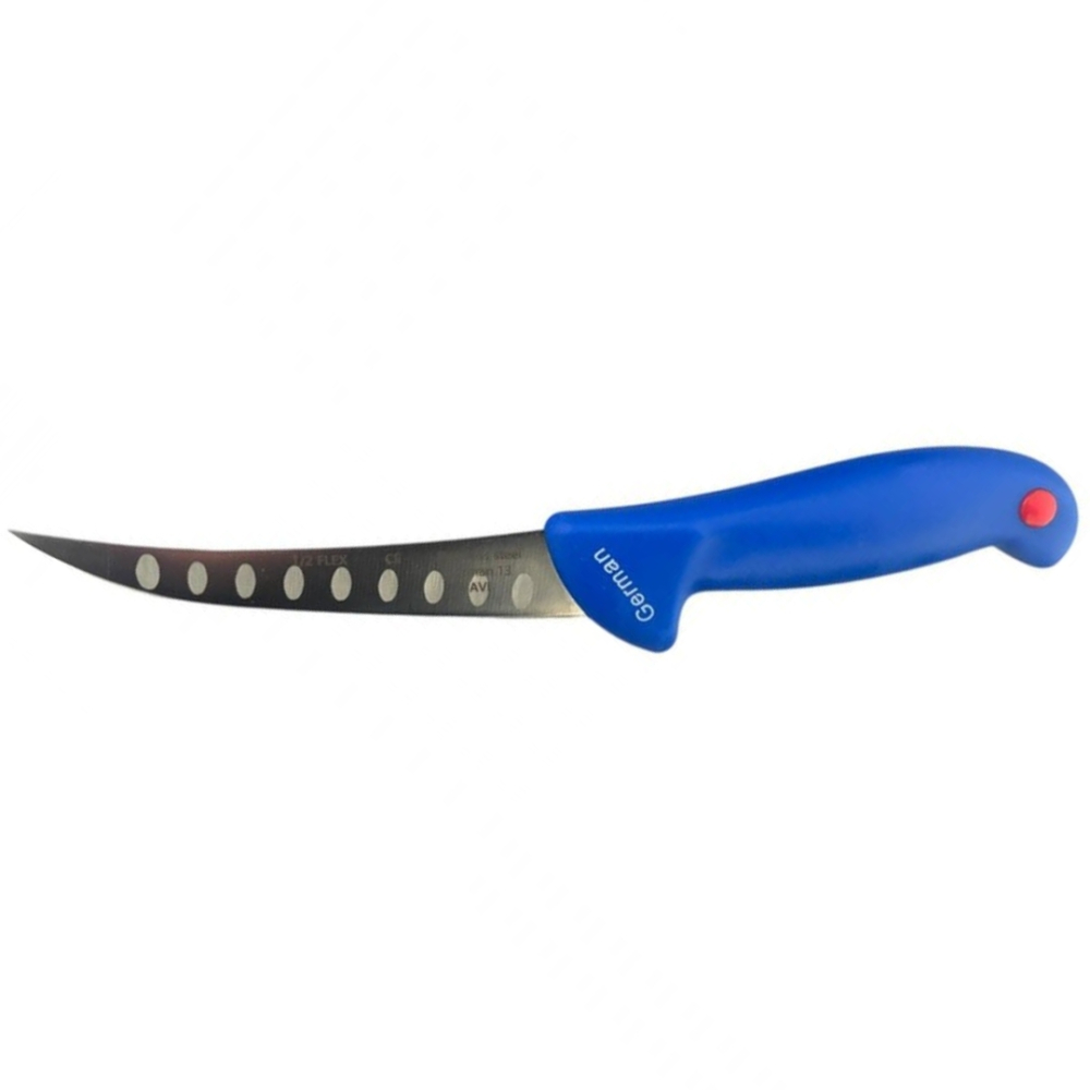 Cutit macelar albastru 26,5 cm, lama curbata 12,5 cm cu decupaje, 89 g, otel inoxidabil, maner ergonomic, pentru transare, portionare si fasonare carne [4]