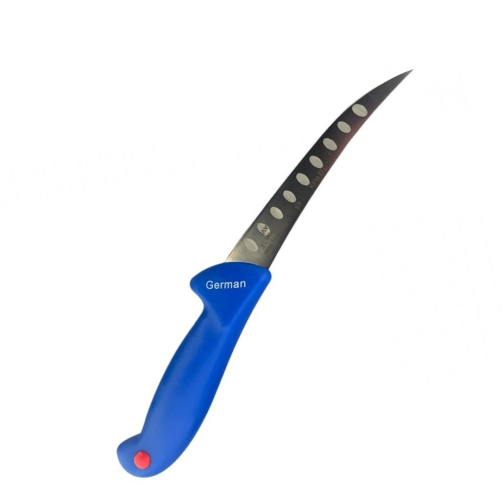 Cutit macelar albastru 26,5 cm, lama curbata 12,5 cm cu decupaje, 89 g, otel inoxidabil, maner ergonomic, pentru transare, portionare si fasonare carne [3]