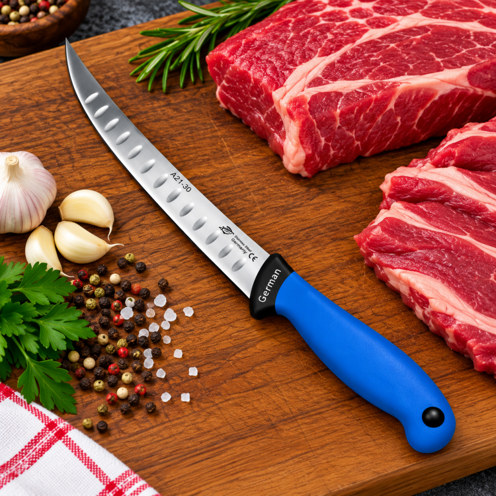 Cutit macelar albastru 38 cm, lama 24 cm curbata cu alveole, 147 g, otel inoxidabil, maner ergonomic, pentru fasonare si portionare carne [3]