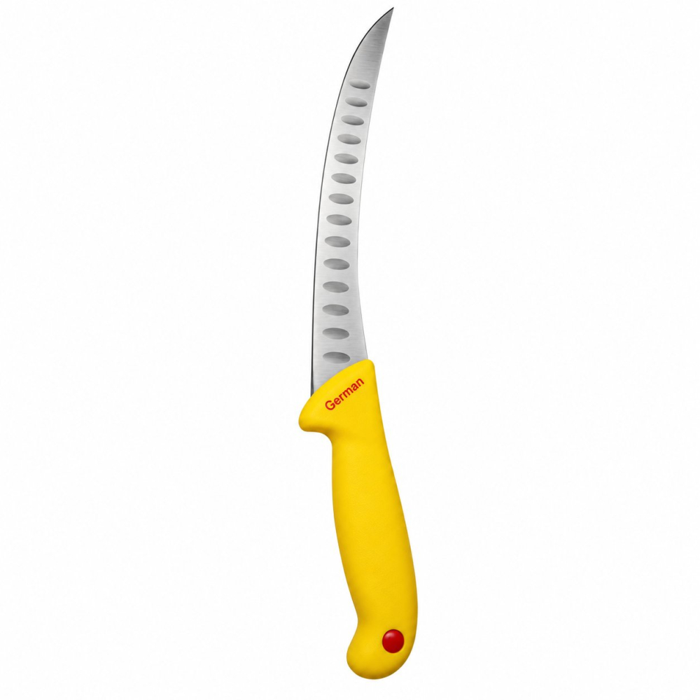 Cutit macelar galben 33 cm, lama 21 cm curbata cu alveole, 115 g, otel inoxidabil, maner ergonomic, pentru fasonare si portionare carne [4]
