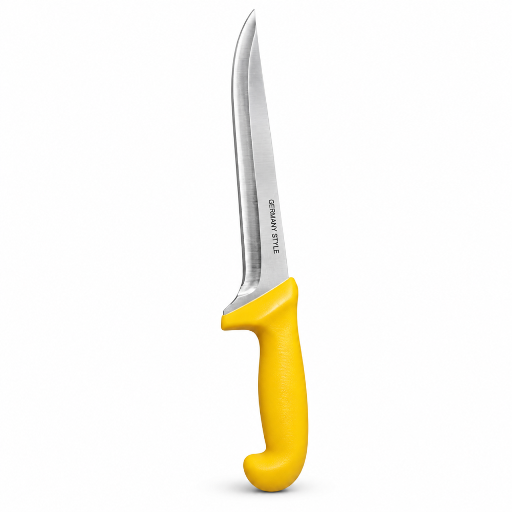 Cutit macelar galben 36 cm, lama curbata 21 cm, 190 g, otel inoxidabil, maner ergonomic cu garda, pentru injunghiere si spintecare [2]