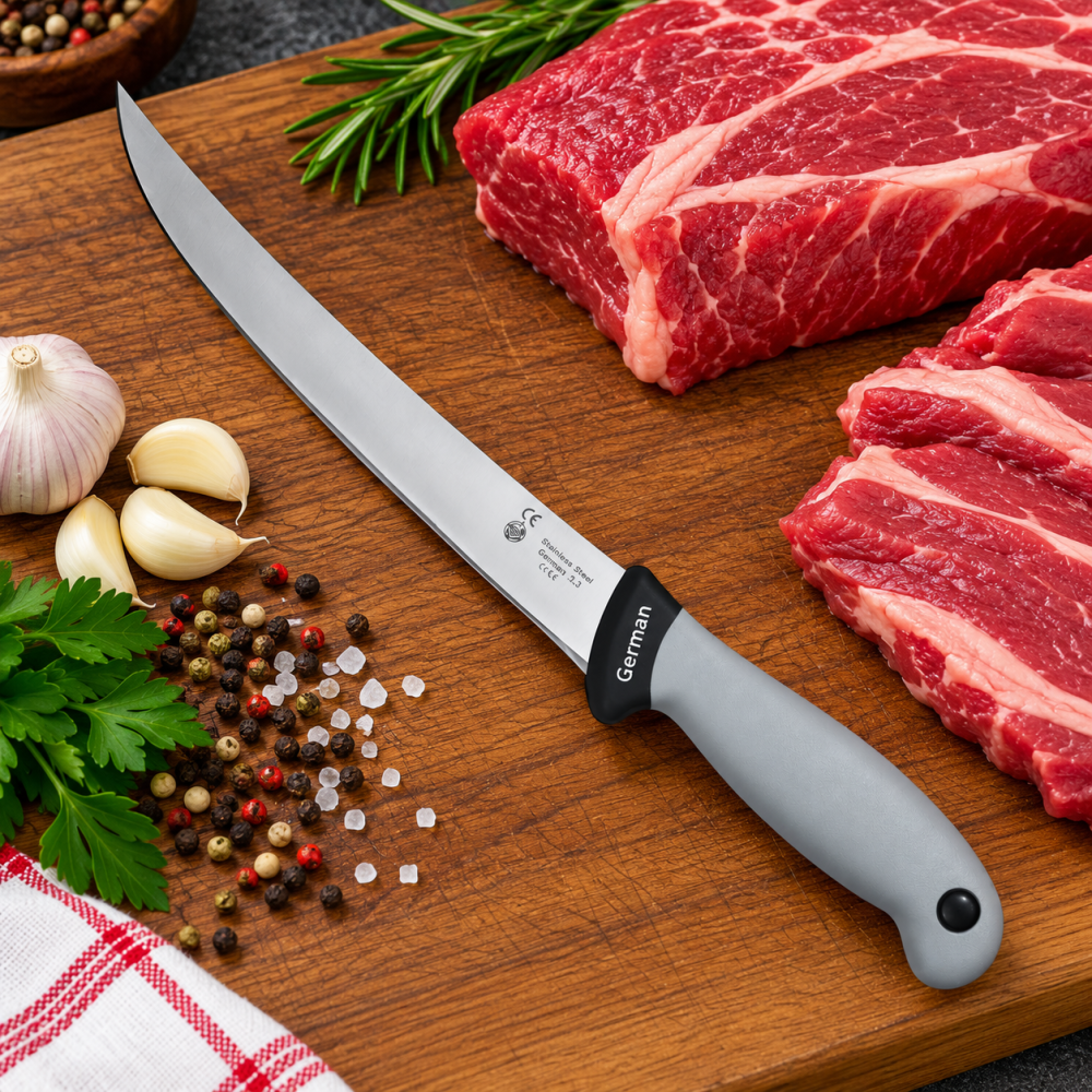 Cutit macelar gri 33 cm, lama curbata 20 cm, 123 g, otel inoxidabil, maner ergonomic cu protectie, pentru portionare si transare carne [3]