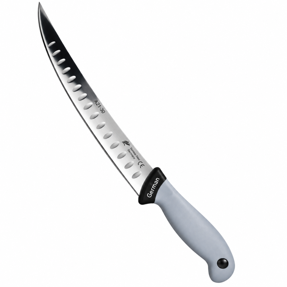 Cutit macelar gri 38 cm, lama curbata 24 cm cu alveole, 147 g, otel inoxidabil, maner ergonomic, pentru portionare si fasonare carne [2]