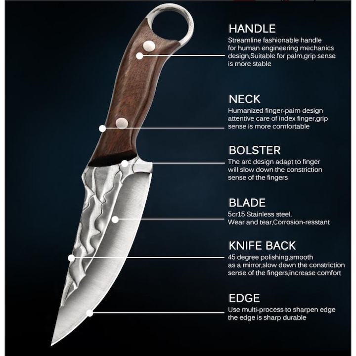 Cutit multifunctional, vanatoare, gatit, supravietuire, camping, otel inoxidabil/lemn, 22 cm, teaca inclusa [3]