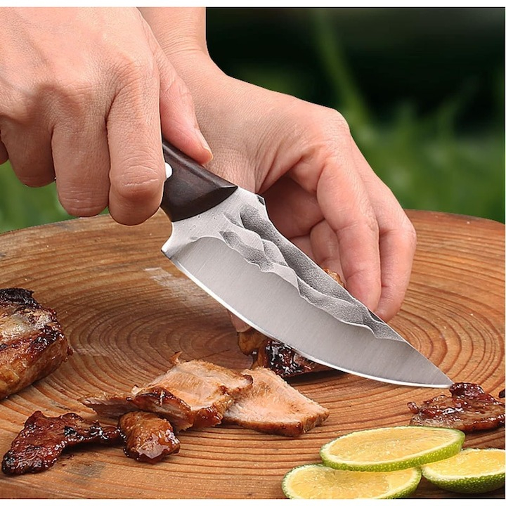 Cutit multifunctional, vanatoare, gatit, supravietuire, camping, otel inoxidabil/lemn, 22 cm, teaca inclusa [7]