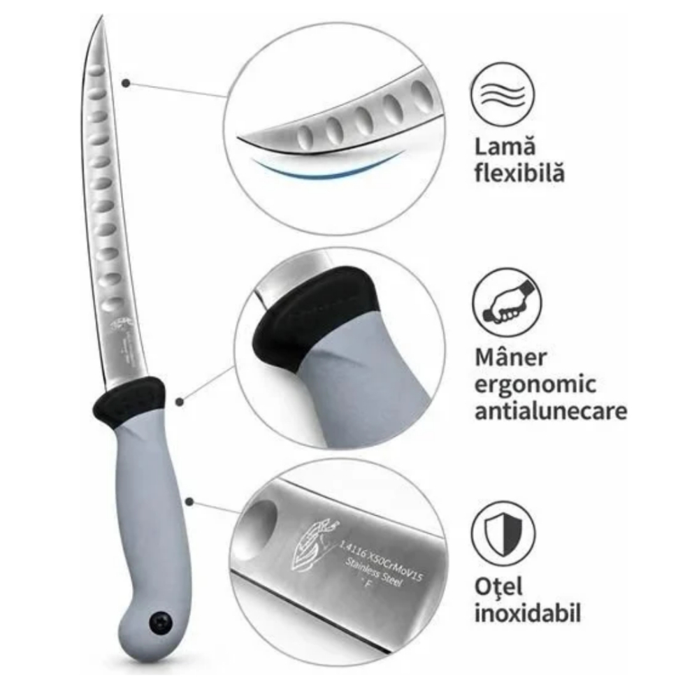Cutit pentru filetat gri 29 cm, lama ingusta curbata 15 cm cu alveole, 100 g, otel inoxidabil, maner ergonomic, pentru taiere precisa si portionare [3]