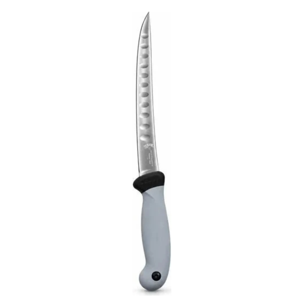 Cutit pentru filetat gri 29 cm, lama ingusta curbata 15 cm cu alveole, 100 g, otel inoxidabil, maner ergonomic, pentru taiere precisa si portionare [2]